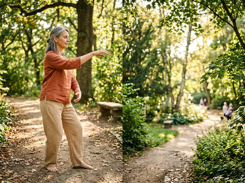 Barefoot woman practicing Tai Chi along a winding path in a peaceful wooded park