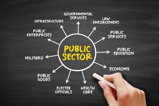 Public sector diagram including governmental services, law enforcement, public services, public education, economy, health care, elected officials, public goods, military, infrastructure