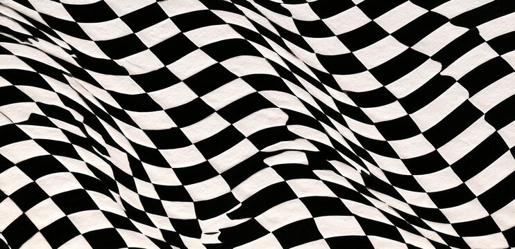 Black and white checkered pattern with fluid, wavy distortions