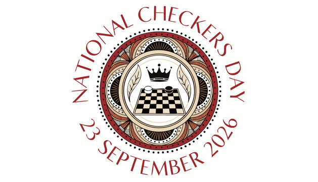 Decorative round emblem for national checkers day with crown and board