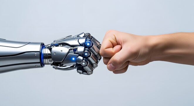 Human hand shaking robotic AI hand with futuristic interface for technology partnership and automation collaboration