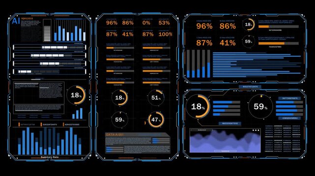 Advanced holographic business dashboard combines charts, data visualization, AI analytics, and real time information to illustrate digital transformation, business intelligence, technology innovation,