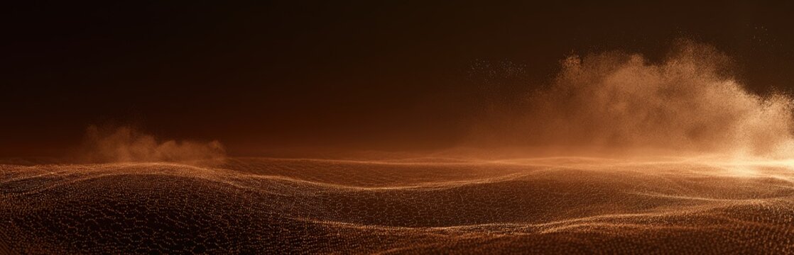 Dusty alien desert landscape with rolling dunes under a dark, hazy sky