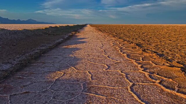 Aerial view of a long ditch cutting through expansive salt flats beneath warm sunset light in Utah