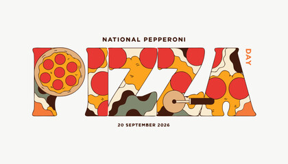 Fototapeta premium Colorful pepperoni pizza day typography design with delicious food graphic elements