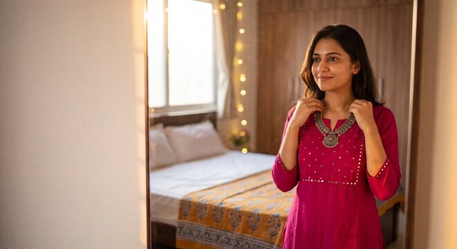 Modern Indian Woman Getting Ready for Navratri Festival Trying on Oxidized Jewelry