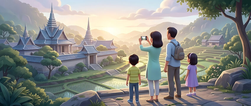 Faceless family sightseeing Asian temple complex over green rice terraces