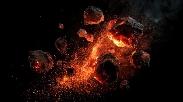 Fiery asteroids explode amidst glowing embers and dark smoke