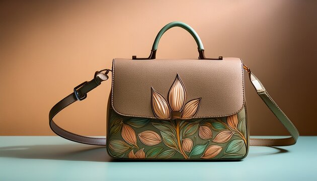 a hand drawn contemporary office handbag with seed design sits on a surface