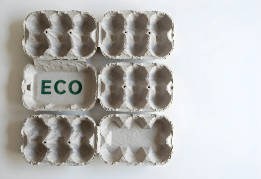 Eco-friendly packaging and sustainability concept, recycled cardboard egg cartons with green ECO text on white background