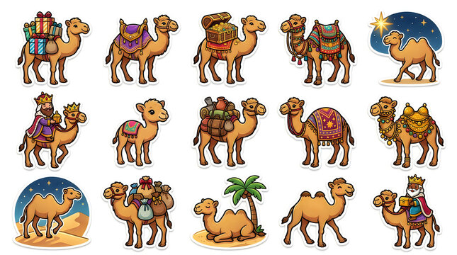 Colorful camels carrying gifts and packages in desert setting