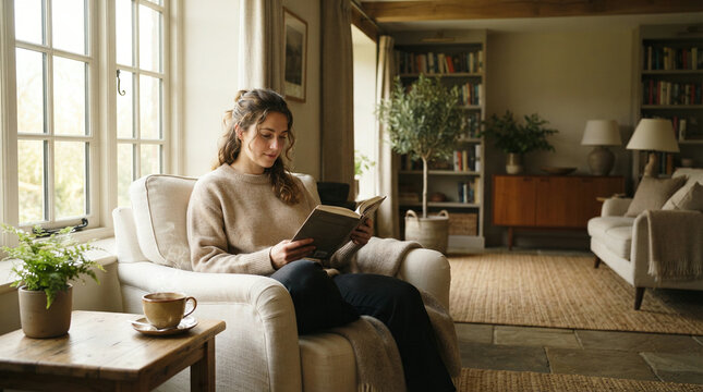 Woman reads in an armchair beside a ceramic mug in a warm wood beamed room