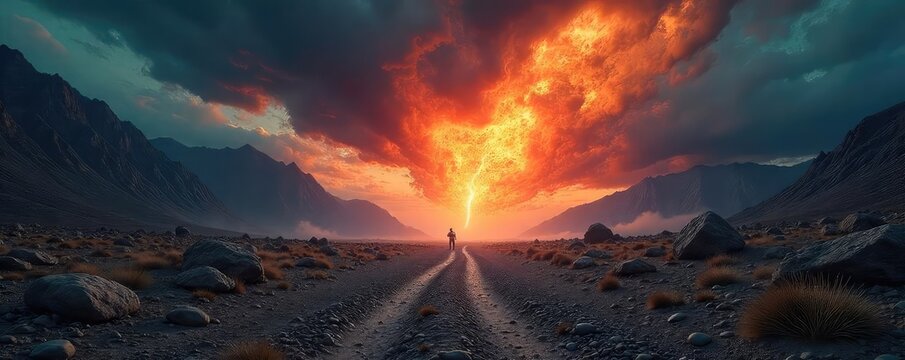 A furious, stormy sky above a desolate, rocky landscape symbolizes the untamed rage of an anger king The image evokes power, destruction, and untamed emotion , might, mountains