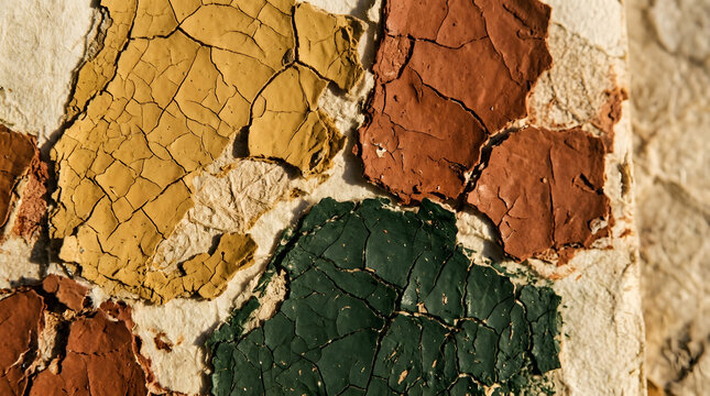 Cracked paint texture on wall | Earth tone peeling clay abstract | Weathered multi-colored plaster background | Macro shot of dried soil pattern