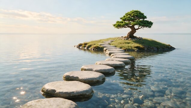 Stepping Stones Leading to a Serene Bonsai Island in the Middle of a Peaceful Calm Lake