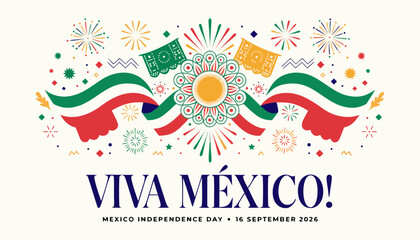 Naklejka premium Mexican independence day celebration graphic featuring vibrant holiday ribbons and fireworks