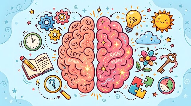 Human brain illustration surrounded by concepts of creativity and analytical thinking