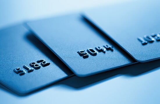 Embossed numbers on three adjacent plastic cards, a close-up with soft lighting