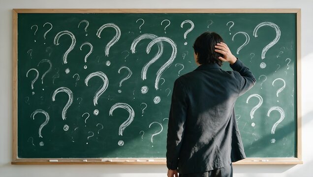 Confused Professional Standing in Front of a Chalkboard Filled with Many Question Marks