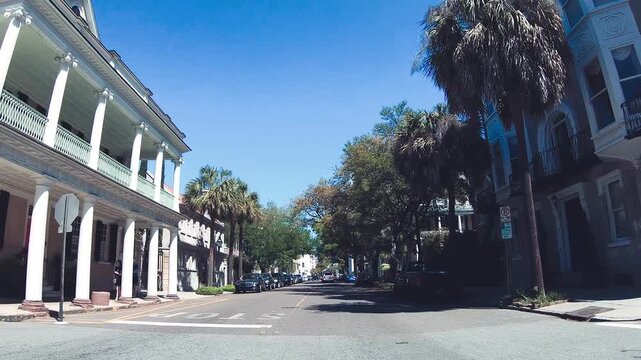 Driving through Charleston SC with classic architecture and
