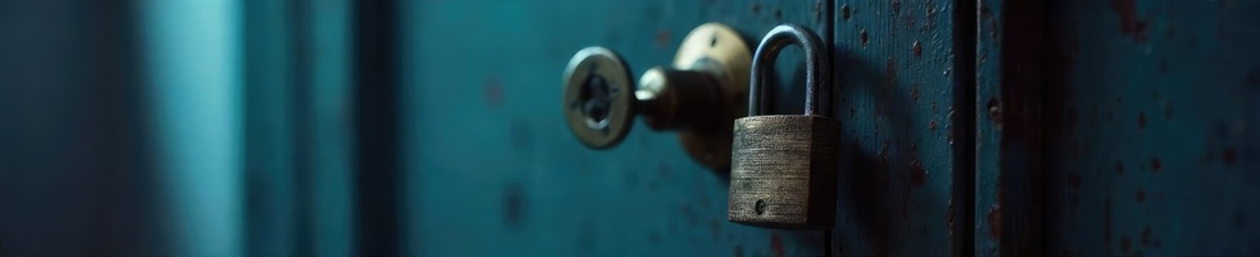 A close-up shot of a padlock securing a closed bedroom door, suggesting the concept of sleep paralysis or insomnia , darkness, padlock, privacy