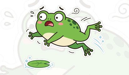 Naklejka premium Frog illustration displaying a funny green amphibian jumping frantically over a small lily pad on a light background.