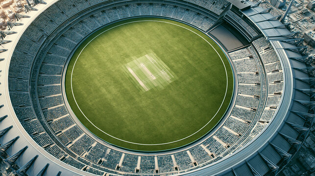 High angle wide shot of circular sports arena with green grass turf and massive seating capacity.