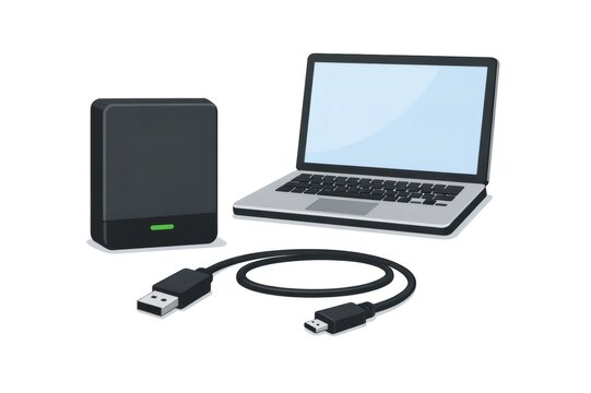 Laptop and external hard drive with a connecting USB cable showcasing portable storage, data transfer, and information backup for technology and computing needs