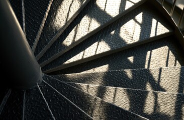 Fototapeta premium Industrial spiral staircase with diamond plate treads and patterned shadows