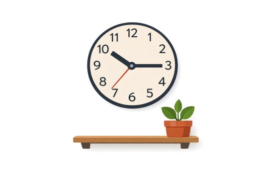 Wall clock with hour and minute hands indicating 9,15, hanging above a wooden shelf featuring a small green potted plant, symbolizing time management and a refreshing workspace