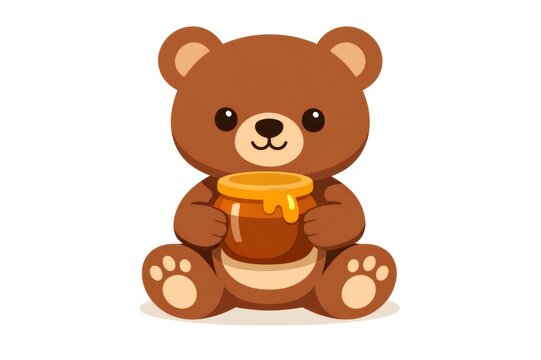 Cute cartoon teddy bear character sitting happily, embracing a pot full of golden, dripping honey, representing sweetness, joy, and childlike delight