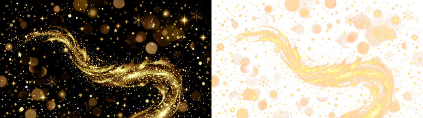 Golden glowing glitter swirl wave with magic sparkling stars and bokeh overlay effect for holiday design on transparent PNG background. © Tatyana