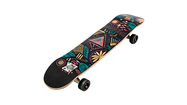 Modern colorful patterned skateboard deck with wheels isolated on transparent background