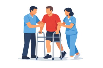 Fototapeta premium Patient rehabilitating, walking with a walker, and receiving support from a male physical therapist and a female nurse, illustrating recovery and healthcare assistance