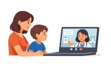 Fototapeta premium Parent and young boy engaging in a telemedicine call, receiving a virtual medical consultation from a friendly female doctor on a laptop at home for healthcare