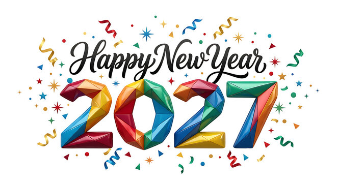 Colorful 2027 new year greeting with geometric numbers isolated on transparent background for holiday design projects