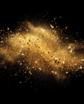 Shiny gold glitter explosion on black background