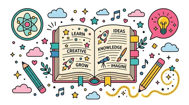 Open book surrounded by school supplies and creative elements in a colorful doodle style