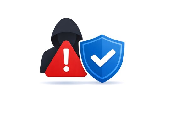 Hooded hacker silhouette beside a warning triangle and shield icon symbolizing cyberattack risk and robust cybersecurity measures for data protection, privacy and network safety