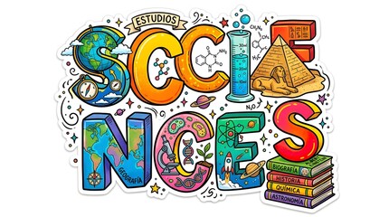 Obraz premium Colorful illustration of the word science with related imagery and educational elements