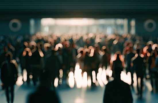 Blurred crowd in a bright, open space, bathed in warm, diffused light