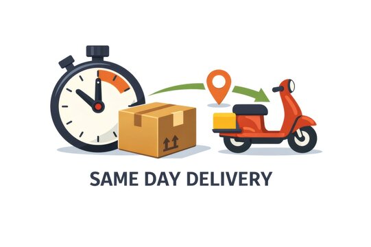 Same day delivery service illustrating fast parcel shipping, featuring a stopwatch, cardboard box, location pin, and a red scooter transporting goods quickly