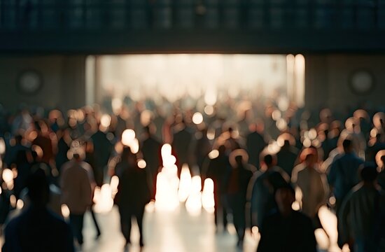 Blurred crowd of people walking towards a bright light
