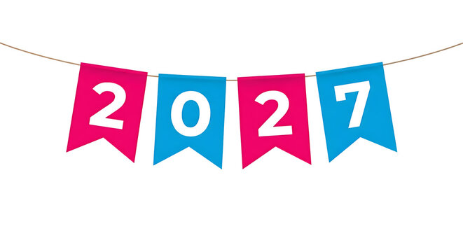 Colorful bunting flags displaying the year 2027 isolated on transparent background for festive new year celebrations
