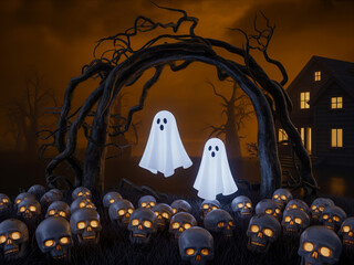 Naklejka premium Arrière-plan spooky de Halloween avec fantômes flottants, crânes éclatants et arbre tordu