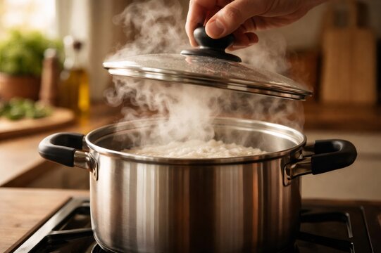 Hand lifting a glass lid from a steaming metal pot of white rice on a stovetop, revealing fluffy grains for a warm, homemade meal prepared in a cozy kitchen
