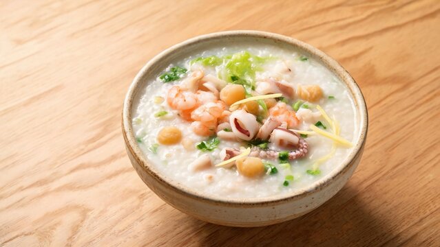 Cantonese Fresh‑Boiled Seafood Congee, Silky Smooth Rice Porridge With Fresh Seafood Ingredients and Fragrant Seasonings in Ceramic Bowl