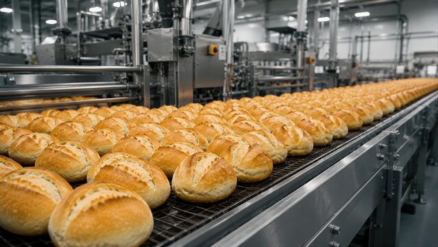 Frisch gebackene Br&ouml;tchen auf einem F&ouml;rderband in einer modernen Gro&szlig;b&auml;ckerei. Konzept der industriellen Lebensmittelproduktion und Automatisierung