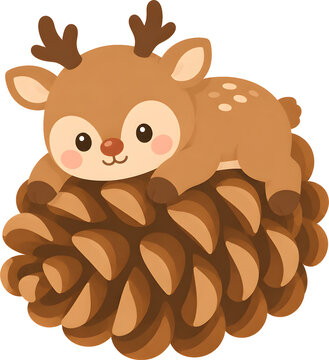 Cute reindeer playing on a pine cone, fall and Christmas cartoon illustration