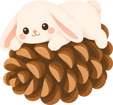 Cute rabbit playing on a pine cone, fall and Easter cartoon illustration